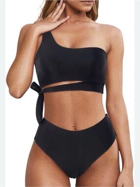 Bikini Black One Shoulder Wrap Set - High Waisted / High Cut, Swim Medium